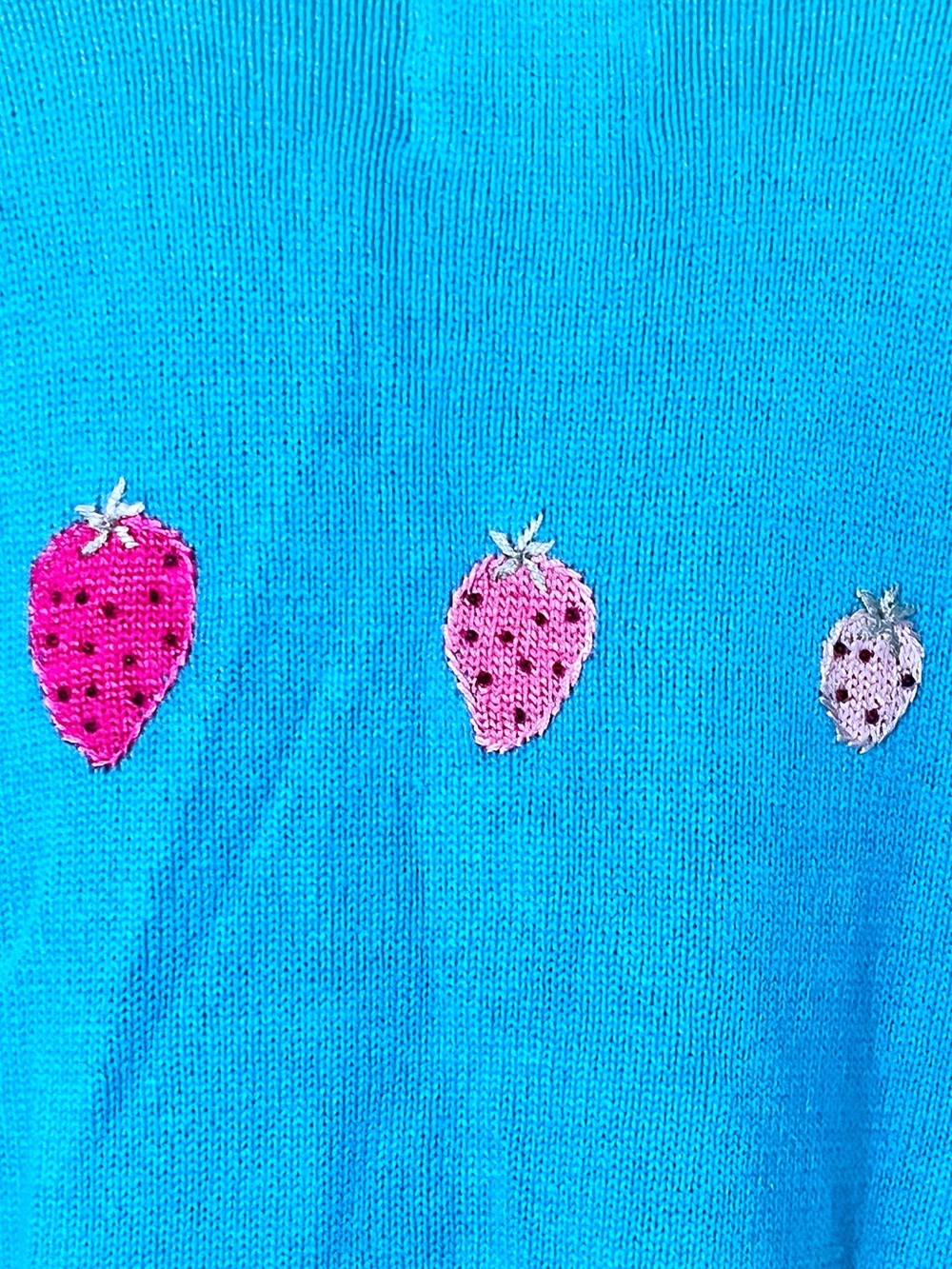 Storybook Knits NWT VINTAGE STRAWBERRY Cardigan Blue Crochet Trim Sweater - Picture 10 of 13